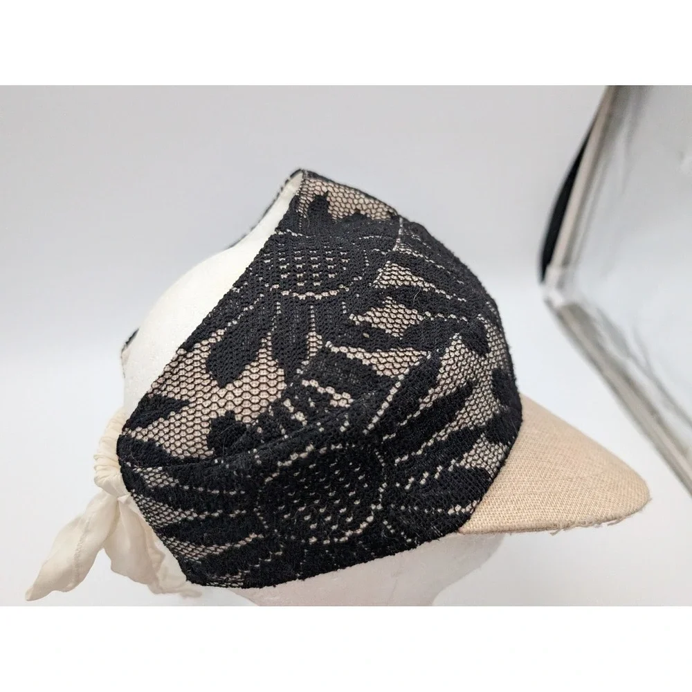 Black Floral Lace Sun Visor Hat Woven Straw Brim White Ribbon Tie Back